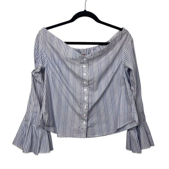 Free People Tops - Free People S Off The Shoulder Striped Blouse With Bell Sleeves Blue White Boho